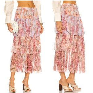 ZIMMERMANN BOTANICA TIERED SKIRT MILETTIA FLORAL Silk Midi elastic waist 1/6